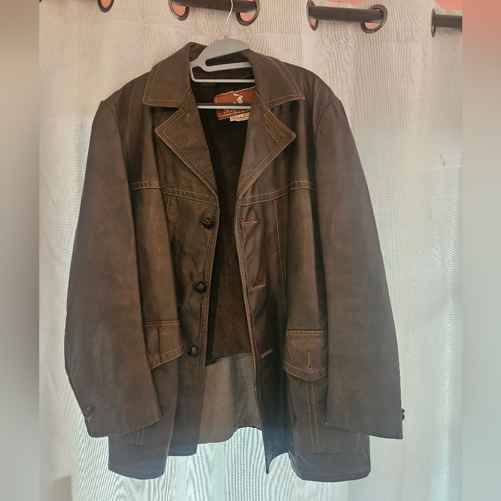 70s startown mens leather jacket 44 r brown leather button up collared